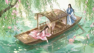 樱花河畔古风情侣泛舟