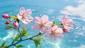 水面樱花清新唯美风景