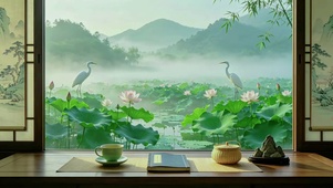 新中式窗景I一池清荷伴白鹭