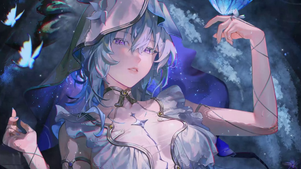 紫眸短发二次元少女托举半透明蓝蝶，暗蓝雾感空间里飘着带幻色散边的发光蓝蝶。