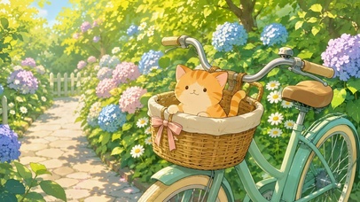 花径单车篮里的可爱橘猫