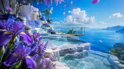 治愈紫花蓝湾悬崖观景台