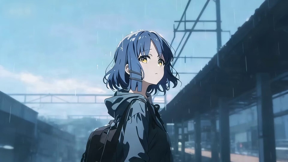 雨中铁轨站台场景，蓝灰短卷发、穿深灰连帽外套背双肩包的动漫少女侧身回头望向右方，背景是淡蓝色调阴天天空与金属桁架站台。