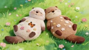 春天草地上水獭