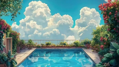 夏日屋顶泳池蓝天白云