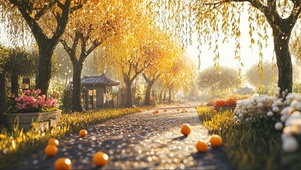清明柳树河岸清晨风景