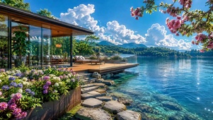 湖边度假小屋治愈风景