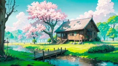 春天落花溪边木屋