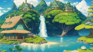 护眼白云树木河流