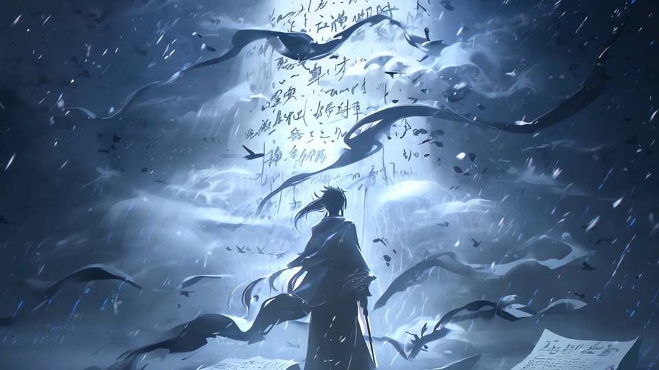 青蓝调云雾雨景中，持剑古风人物的背影静立，空中飘散着黑飘带、碎纸与飞鸟剪影，下方露出带字迹的纸面。