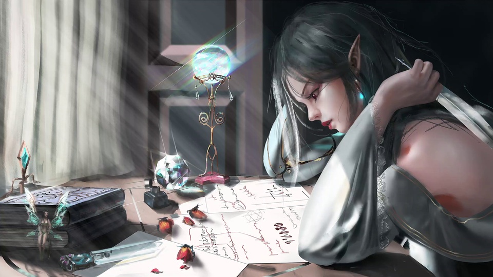 暗调厚涂画面里尖耳少女伏案持刃，桌面散落魔法稿纸与发光水晶摆件