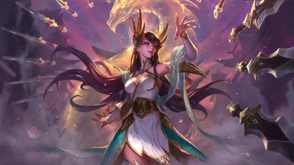 古风女剑士身后萦绕金色灵龙，周边环绕悬浮飞刃，紫粉色雾霭氛围感强烈