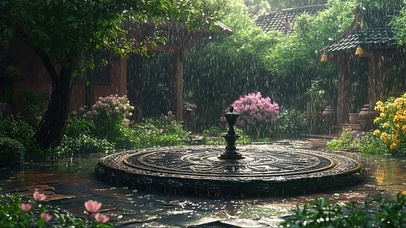 春日小雨静谧庭院广场