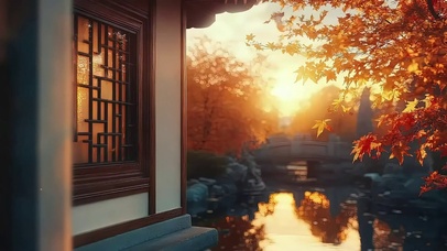 秋日红叶古朴园林黄昏