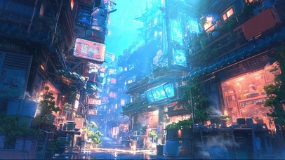 晨雾赛博小镇街道