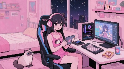 像素风玩平板的少女