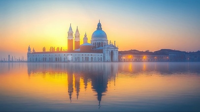 落日宏伟宫殿倒影