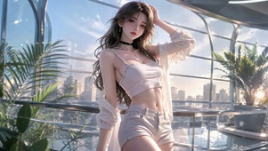 落地窗旁清纯美女