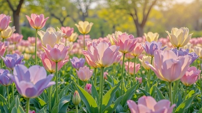 暖阳下的郁金香花田