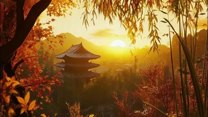 秋日绚丽落日山林小镇