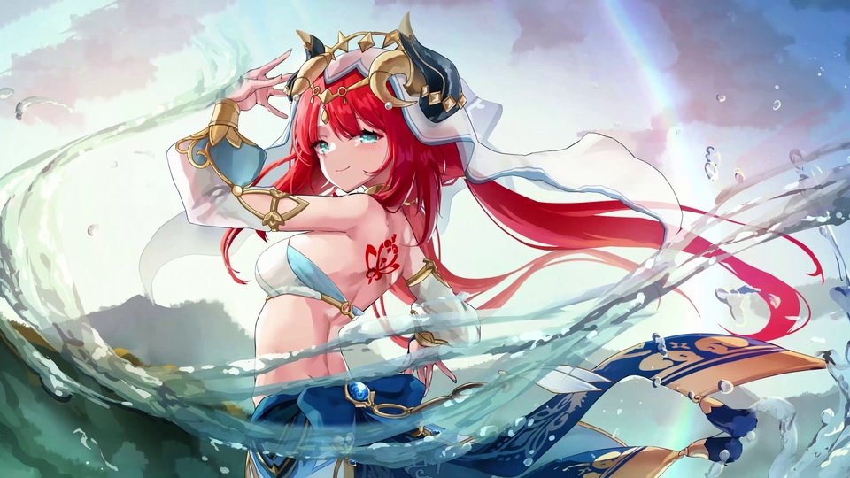 二次元插画：红发的原神角色妮露身着红白服饰，在淡粉浅蓝云天的户外临水场景中起舞，周身环绕流动的水元素特效，远处有淡色远山与海面。