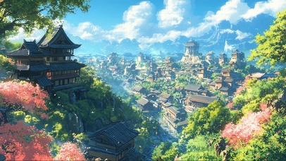 蓝天白云古城村庄风景