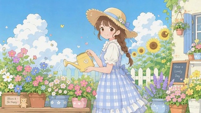 清新田园浇花少女