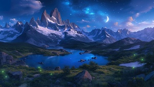 静谧月下高山湖泊