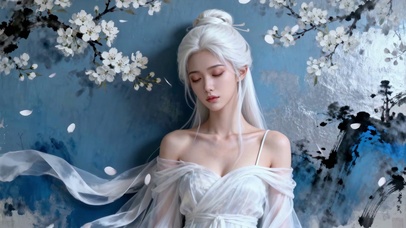 白发轻纱彩色水墨古风女孩