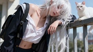日系校园风白发纯欲少女和白猫