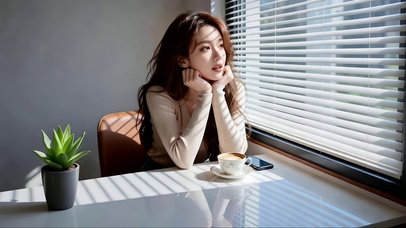 柔和阳光下百叶窗旁喝咖啡的美女