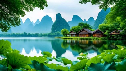 绿色护眼山水荷花小屋