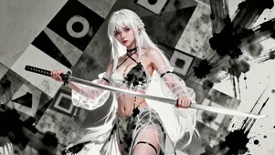 水墨风白发持刀美少女