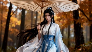 秋林雨幕下的佳人