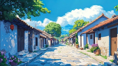 夏日晴空静谧乡村小镇