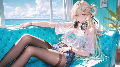 窗边海景休闲少女琳奈