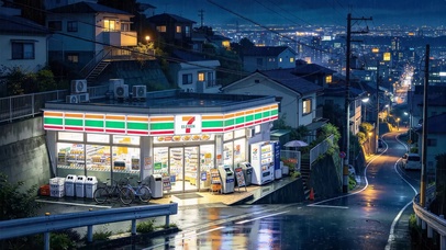 雨夜城镇路边商店