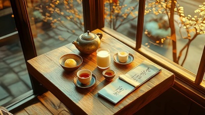 黄昏柔和微光茶艺餐桌