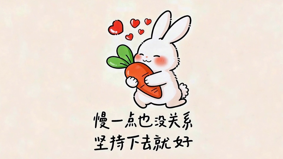 抱胡萝卜的白兔、红色爱心与手写文字的手绘卡通插画