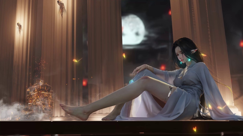 古风月夜柱廊下静坐的长发女子
