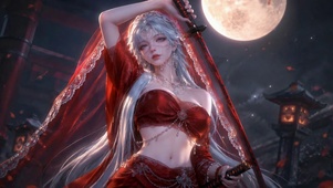 月下红衣持刀古风美少女