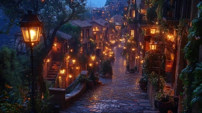 静谧小镇街道夜景