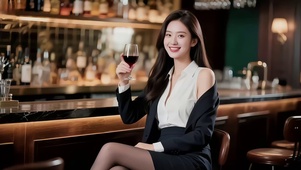 吧台前喝红酒的长发美女2
