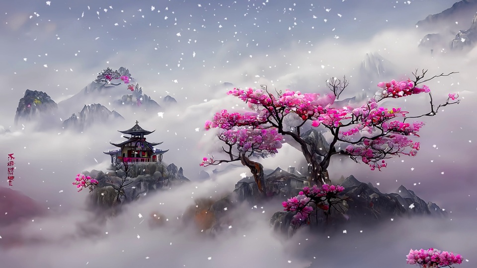 云雾缭绕的国风山水，粉桃花树依崖生长，古亭立于孤峰，星点飘散。