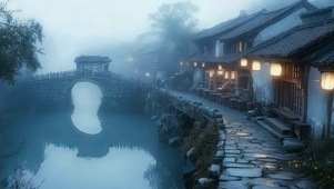 朦胧阴天河岸小镇建筑