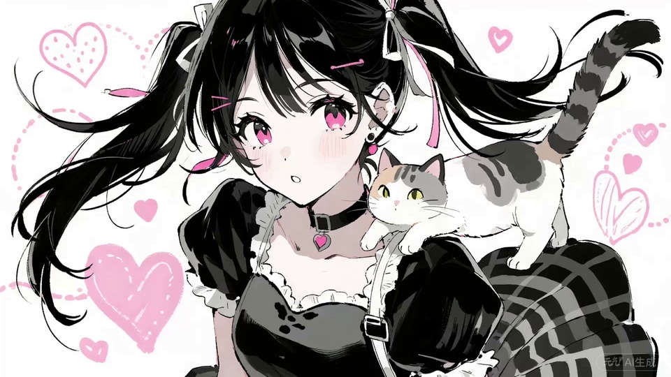 粉眼双马尾少女肩趴三花猫，背景散落粉色手绘爱心