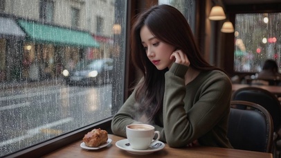 【雨景】雨天美女在咖啡店里