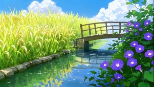 稻田间的小河流