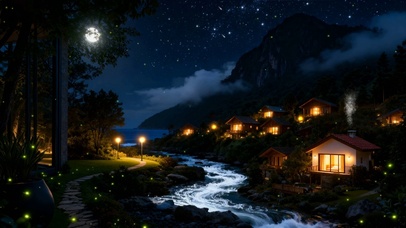 夜景房屋树木河流