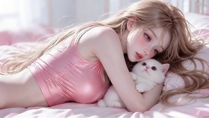 搂猫咪睡觉的少女